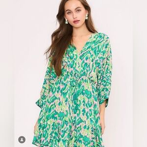 Meet me in Santorini Bright Green Abstract Print Tunic Dress with‎ Tassel Tie